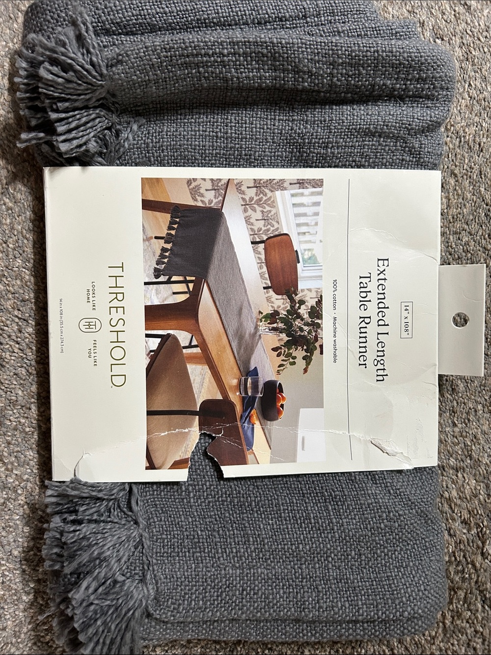 Threshold Gray Woven Table Runner with Fringed Ends 14x108